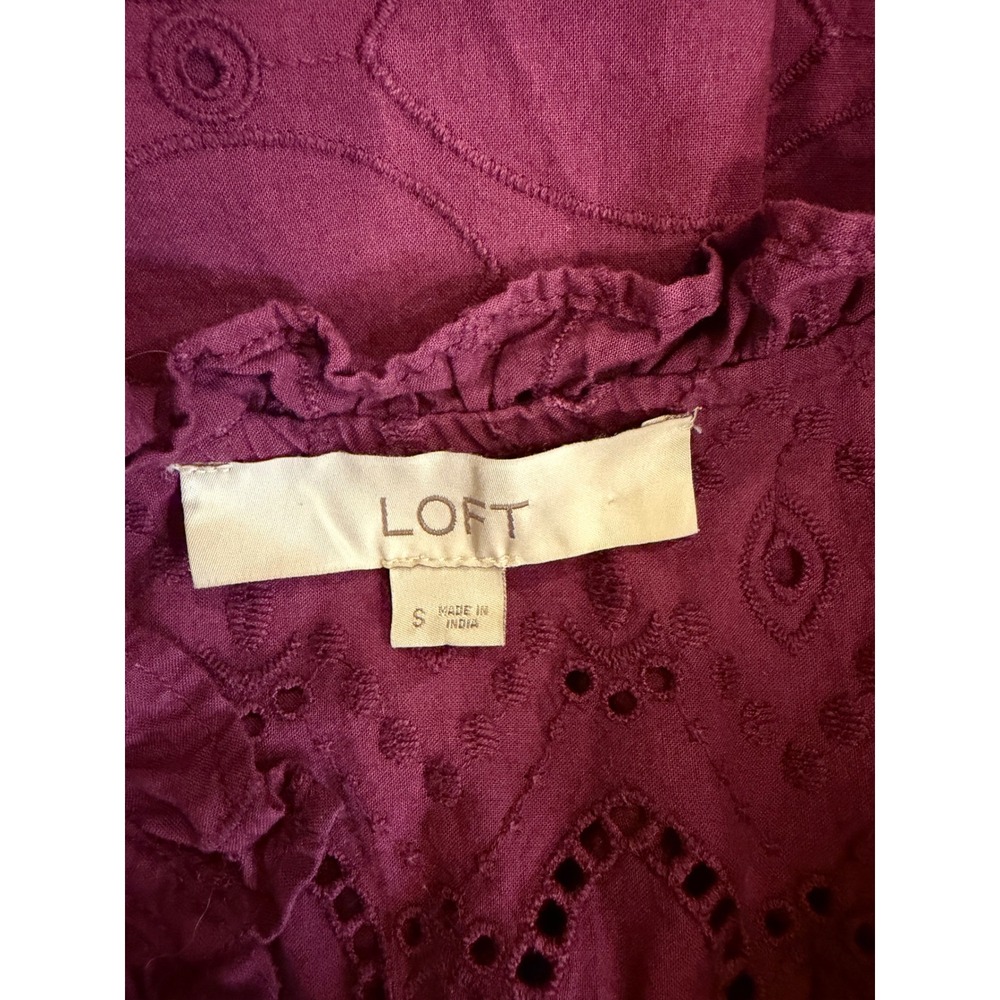 LOFT Womens Blouse Plum Small Eyelet Ruffle Boho Peasant Top Cottagecore Summer - Picture 3 of 6